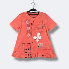 Jess Jane Abstract Floral Tunic Top Womens S Orange Artsy Ruffle Hem Made in USA