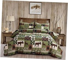 Rustic Lodge Quilt Set Moose Elk Bedspread Size Forest Bear Deer King Matcha