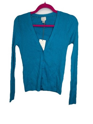 A. New. Day. Women's Blue Long Sleeve Button Down v-neck Cardigan Sz. Small NWT