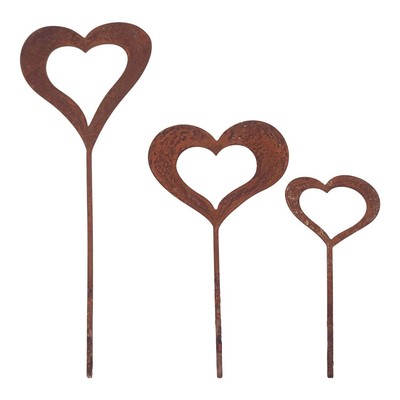 Stabile Eisenkonstruktion 3-teilig Deko Rostig Herzform Garten Pfähle Set