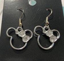 New Disney Theme Minnie Mouse rhinestone Bow SilverTone Dangle Earrings Pierced