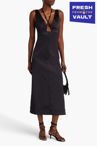 RRP€285 GANNI Satin Midi A-Line Dress EU38 US8 UK12 L Shirred Collared V Neck