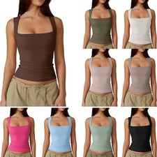 Women's Square Neck Sleeveless Double-Layer Tank Tops  Basic Tight T-Shirts