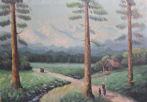 Antique original oil painting landscape country scene signed