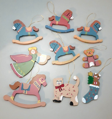 Wood Wooden Christmas Ornaments Rocking Horses Cat Angel Taiwan VTG Lot Of 9