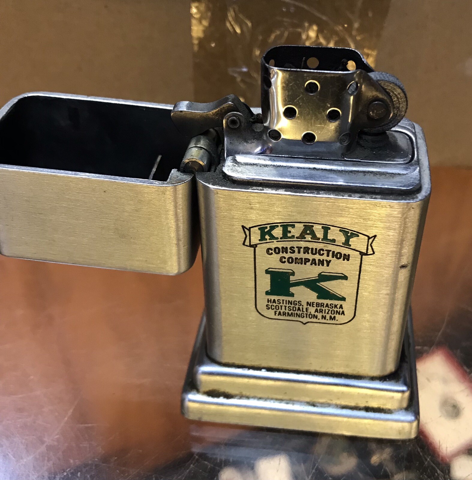 Vintage Zippo Barcroft KEALY CONSTRUCTION Company Advertising Table