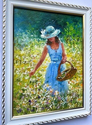 Chamomile Field Woman Picking Flowers Original oil painting summer 8x6in so - Picture 5 of 8