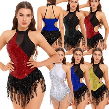 Womens Bodysuit Mesh Dancewear Patchwork Leotard Fringed Costume Ballroom Sport