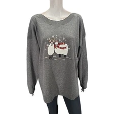 CJ Banks Womens Sweater w Sheep Embroidery 2X Plus Size Gray Christmas Pullover