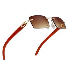 Mens Women's Gold Frame Brown Tint Rimless Woodgrain Buffs Hip Hop Sunglasses