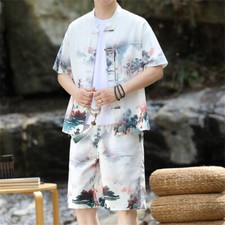 Men Summer Outfit 2-Piece Set Short Sleeve Shirt and Shorts Sweatsuit Set