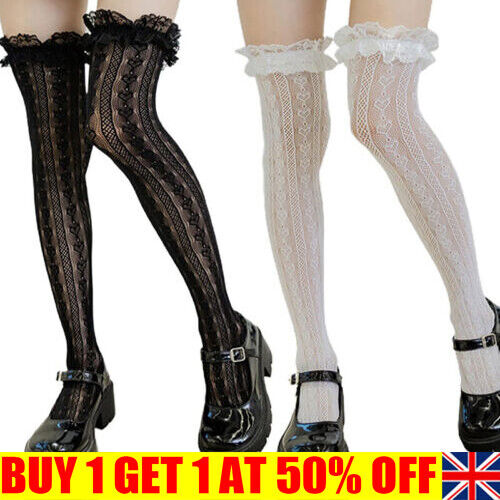 Women Lolita Gothic Socks Girls Sexy Knee-high Lace Ruffle Cosplay Stockings BD