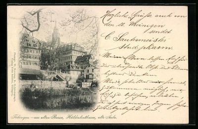 Tübingen, Zur alten Bursa, Hölderlinturm, alte Aula, Ansichtskarte 1898 