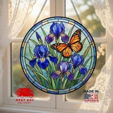 Iris Flower Stained Glass Suncatcher   Butterfly  Botanical Window Decor