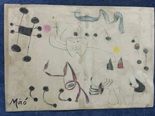 joan miro drawing and painting on old paper signed stamped vintage