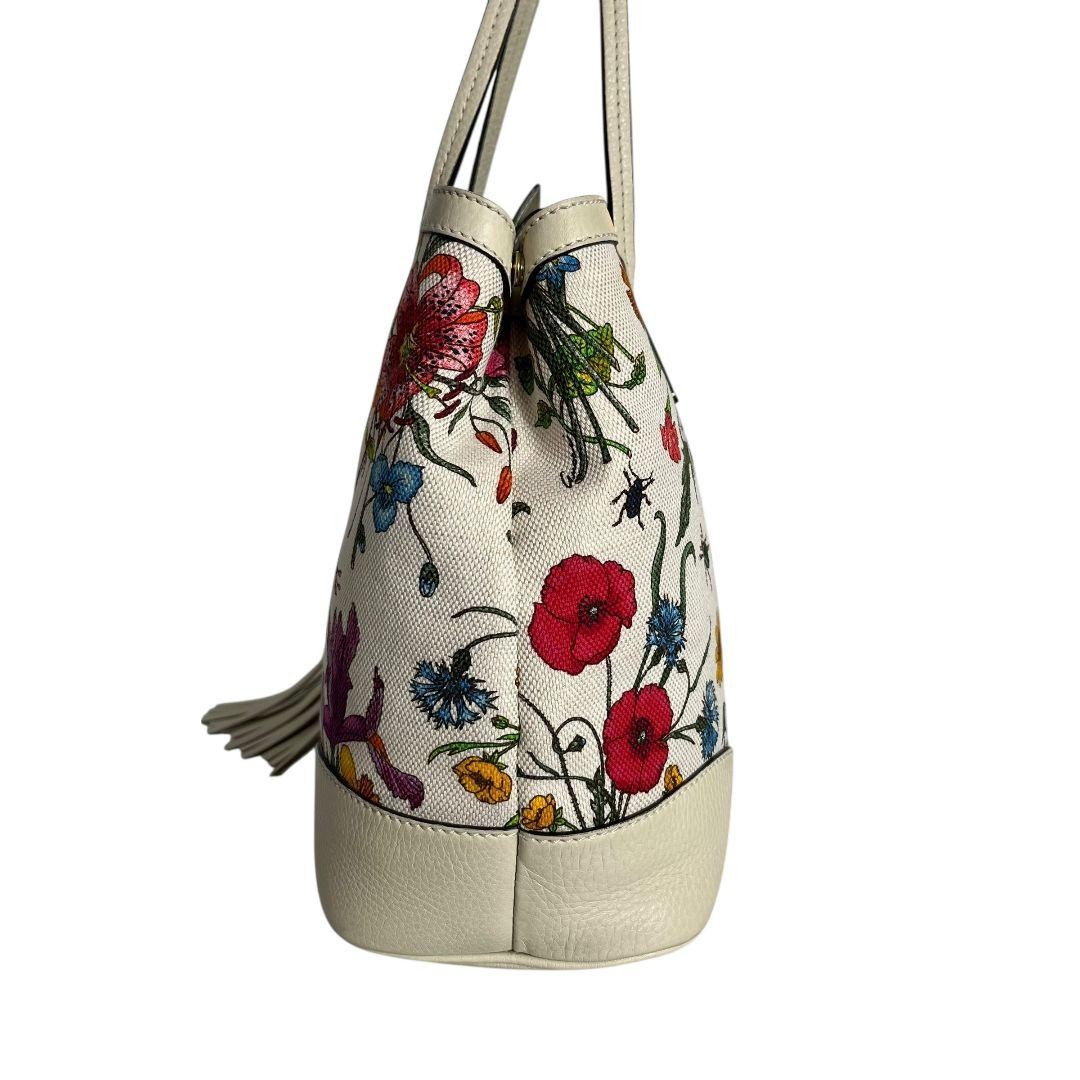 GUCCI Flora Tote Bag 50th Anniversary Flower Pattern Leather Canvas White VIN thumbnail 4