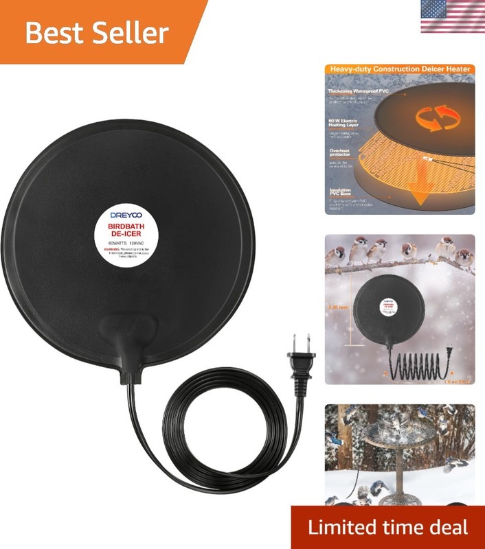 High-Efficiency Bird Bath Deicer - Thermostat Controlled for Frost-Free Water
