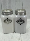 Vintage Hazel Atlas Milk Glass Salt Pepper Shakers Black Shield Badge