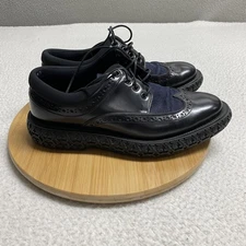 Salvatore Ferragamo Wingtip Oxford Shoes Mens 8 Black Blue Leather Mesh Chunky