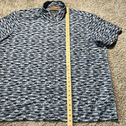 Orvis Active Chambray All Over Fish Print 2XL Tech Light Stretch Blue Button Up - Picture 3 of 7