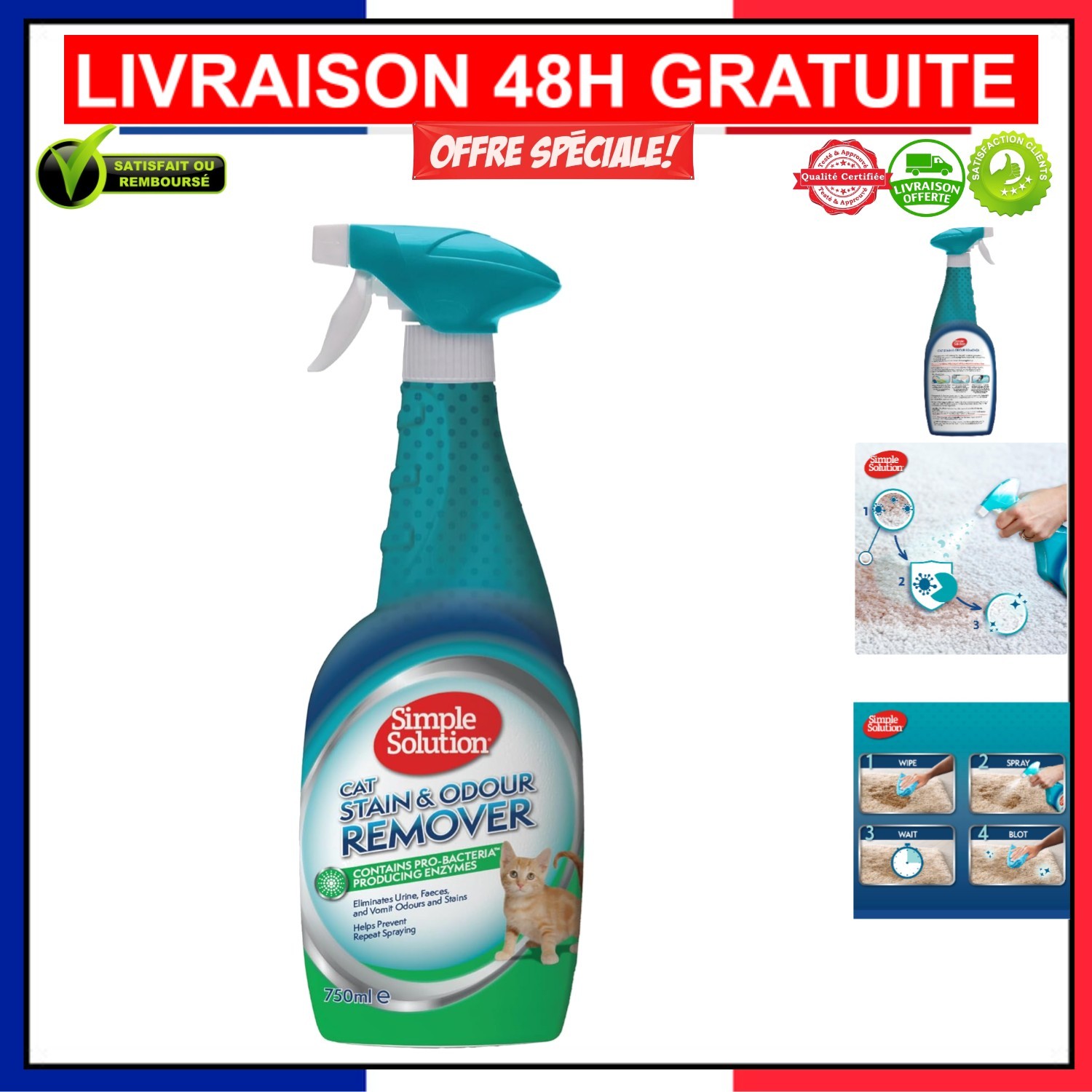 Anti-Odeurs Chats pour Tapis et Canapé : Nettoyant Liquide Vanille 750 ml