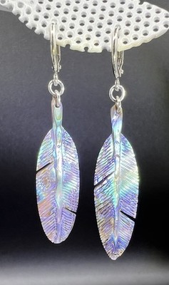 Sterling Silver, Hand Carved Abalone Feather Pierced Earrings