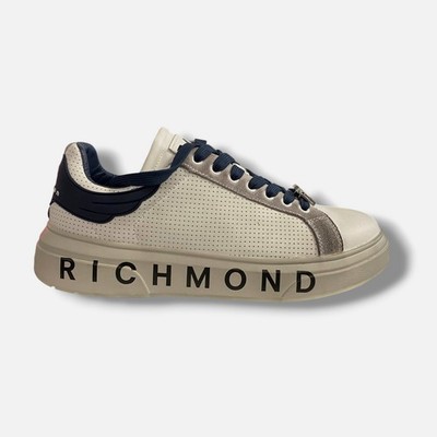 John Richmond Men's White Logo Perforated Leather Platform Sneakers Size 43