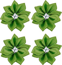60Pcs Green Satin Ribbon Flowers Bows Rose W/Rhinestone Appliques Craft Wedding
