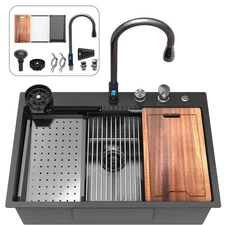 33inch Waterfall Kitchen Sink Drop In Metal Black -33x22x10 with Faucet Combo...