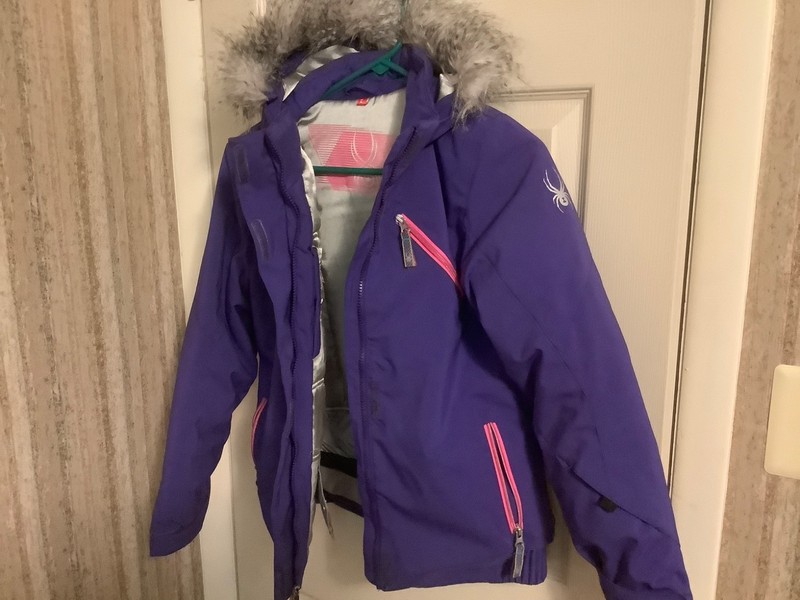 Girls Spider Ski Snowboard Jacket Sz 14 Purple Pink Removable Hood/faux fur