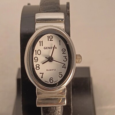 Geneva SilVER Bezel Quartz Watch Featuring a Unique BLACK Layered CUFF BAND. 