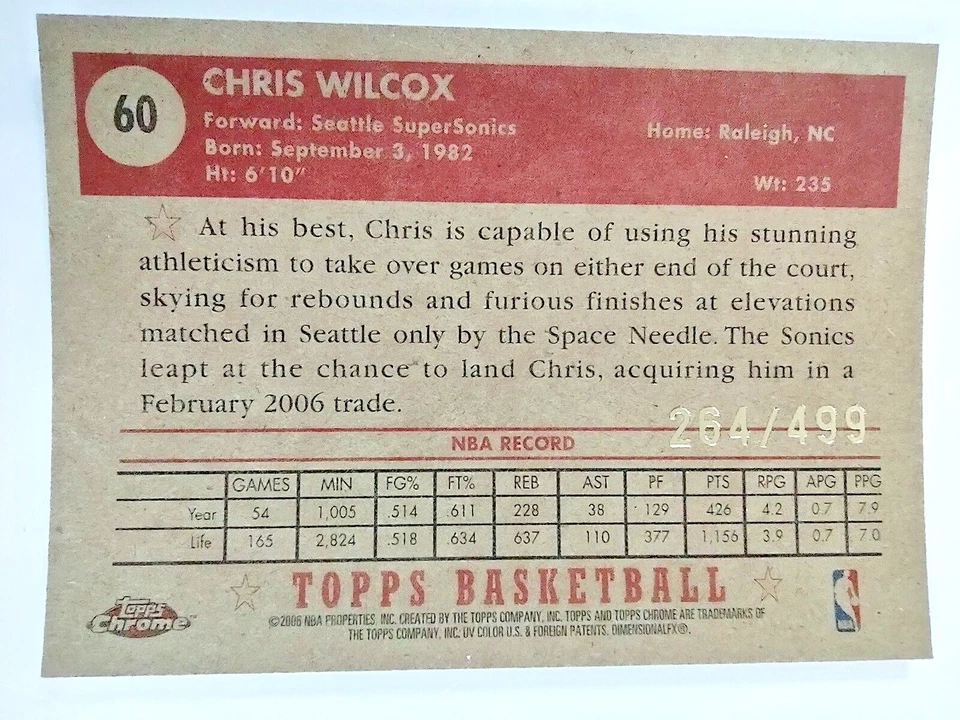 2005-06 Topps 1952 estilo cromo #60 Chris Wilcox 264/499 Seattle Supersonics Foto 2 de 4