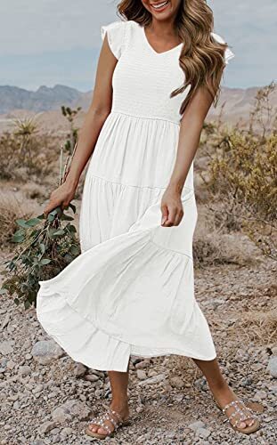 Damen Flatterärmel gesmoktet Midi Kleid V-Ausschnitt Freizeit abgestuft Medium weiß - Bild 3 von 7