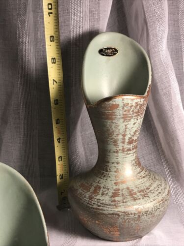 ROYAL HAEGER 22K GOLD TWEED GLAZE USA Rare Vase Set (2) # 413 green Vintage 9” - Picture 3 of 12