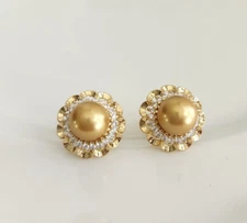 Gold Seashell Pearl 8mm Halo Flower Stud Earrings 925 Silver 14k Gold Plated