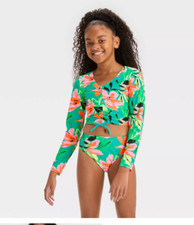 Art Class girls abstract blossom floral printed rash guard 3pc bathing suit set