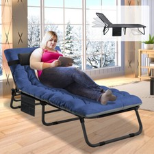 Slsy Folding Camping Cot 4-Position Outdoor Chaise Lounge Gray Pad Side Pockage