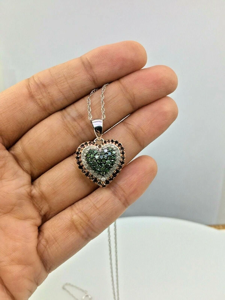 925 Silver Natural Round Cut White Green Brown Diamond Pendant Necklace 1.07 cts - Image 4 of 4