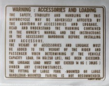 HONDA RC30 VFR750R "WARNING : ACCESSORIES AND LOADING" CAUTION WARNING DECAL