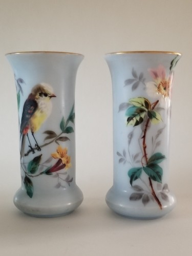 Pair Antique Bristol Aqua opaline glass vase hand painted flowers & Bird - Picture 3 of 12