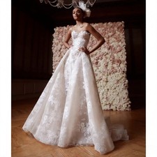 Lace-Tulle Puff-Sleeve A-Line Wedding Dress Waist-Cinching Bride Gown Customized