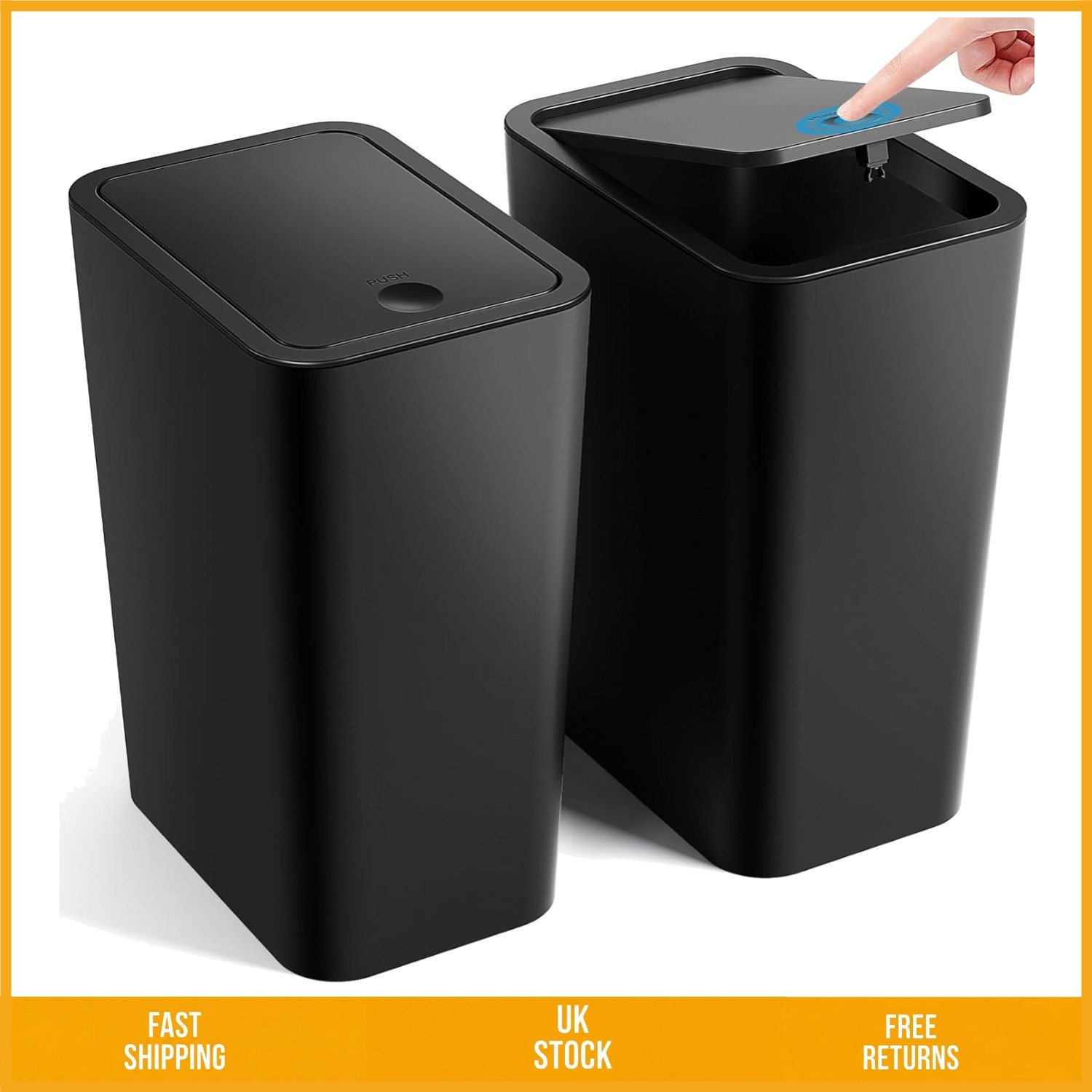 Sleek Black Slim Bathroom Trash Can with Pop Up Lid Small Garbage Bin 2 Pack