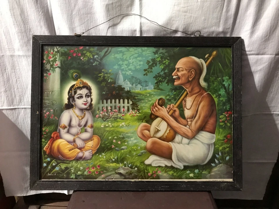 Vintage Old Hindu Temple Religious Print Guru Teaching Kid Lord Krishna A-97 - Immagine 2 di 4