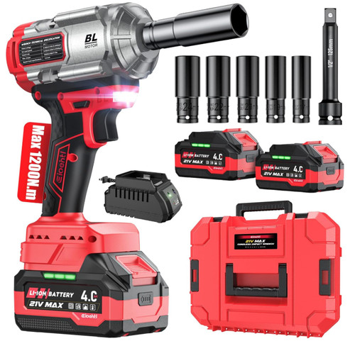 Pistola de Impacto Inalámbrica 21V 1200 N·m 1/2" con 2 Baterías y LED, Barra de