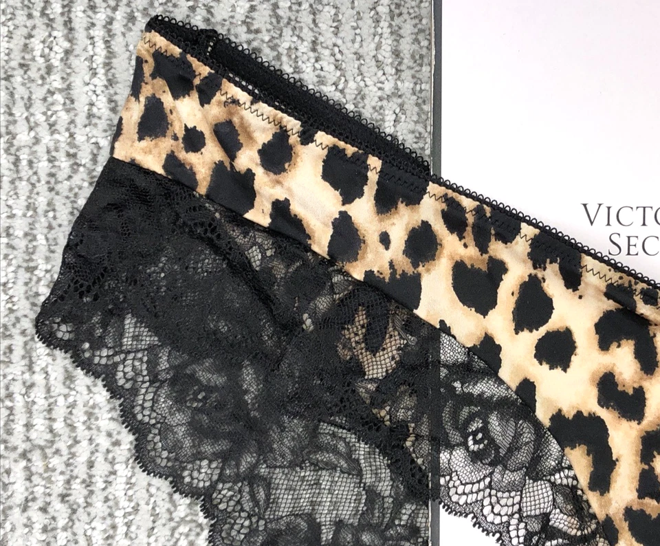 Victoria's Secret Very Sexy NWT Large Leopard Print Lace Trim Cheeky Panty Black - Image 3 of 4