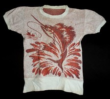 Vintage 1950s Boys Marlin Fishing Knit Sweater Shirt Short Sleeve Red Graphic