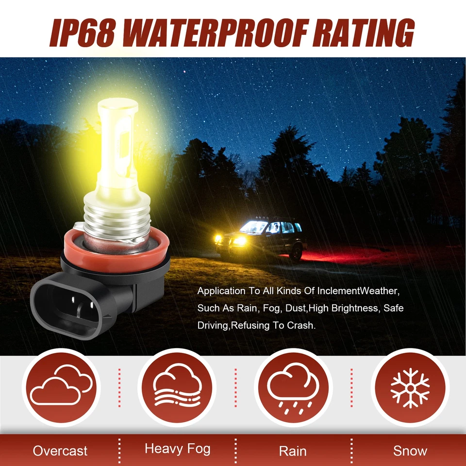 H11 H8 H16 80W 4000LM 3000K Yellow Tech LED Fog Lights Conversion Bulbs Kit J2E4 - Image 4 of 4