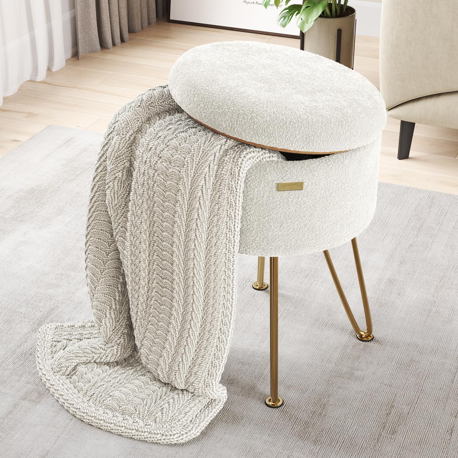 Round Ottoman with Storage, Boucle Storage Ottoman, Foot Stool Ottomans, Make...