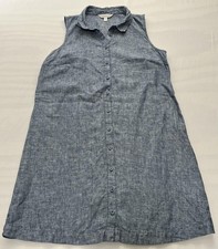 Garnet Hill Dress Womens 10 Petite Blue Linen Shirt Dress Sleeveless Pockets