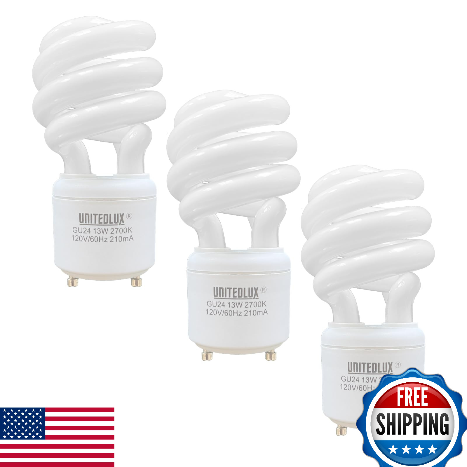 UNITEDLUX 13W T2 Spiral CFL GU24 2-Prong Light Bulb 2700K 900lm 120V 60Hz